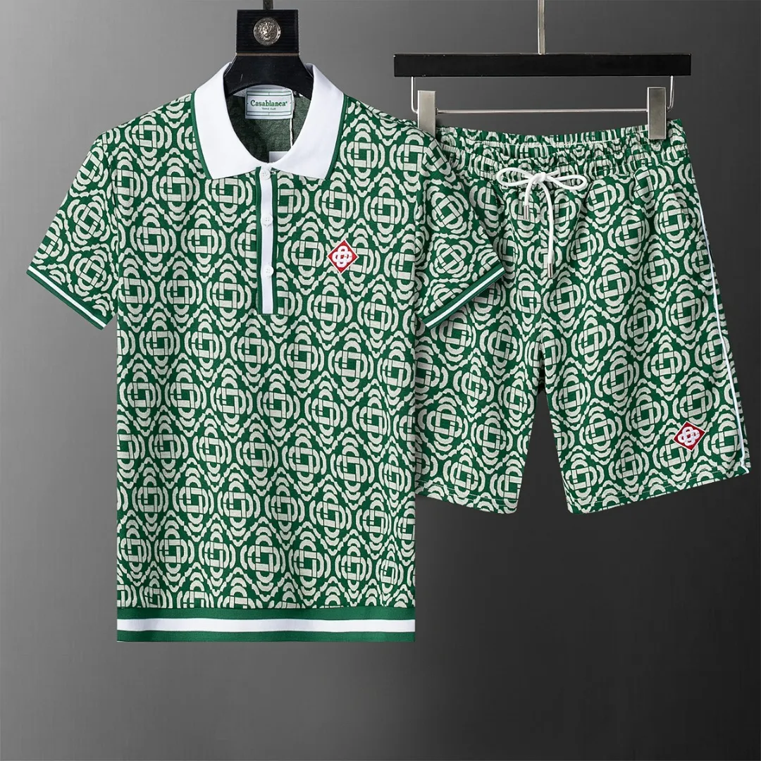 6651# 2026 spring and summer New Arrival men's lapel short-sleeved shorts suit, knitted jacquard fabric, fashionable and handsome style, comfortable fabric, rigorous workmanship, and neat wiring. Good upper body effect·Sizes M-3XL Green